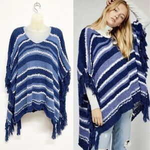 Free People Womens Big Dipper Blue Striped Fringe Boho Poncho Sz One Size